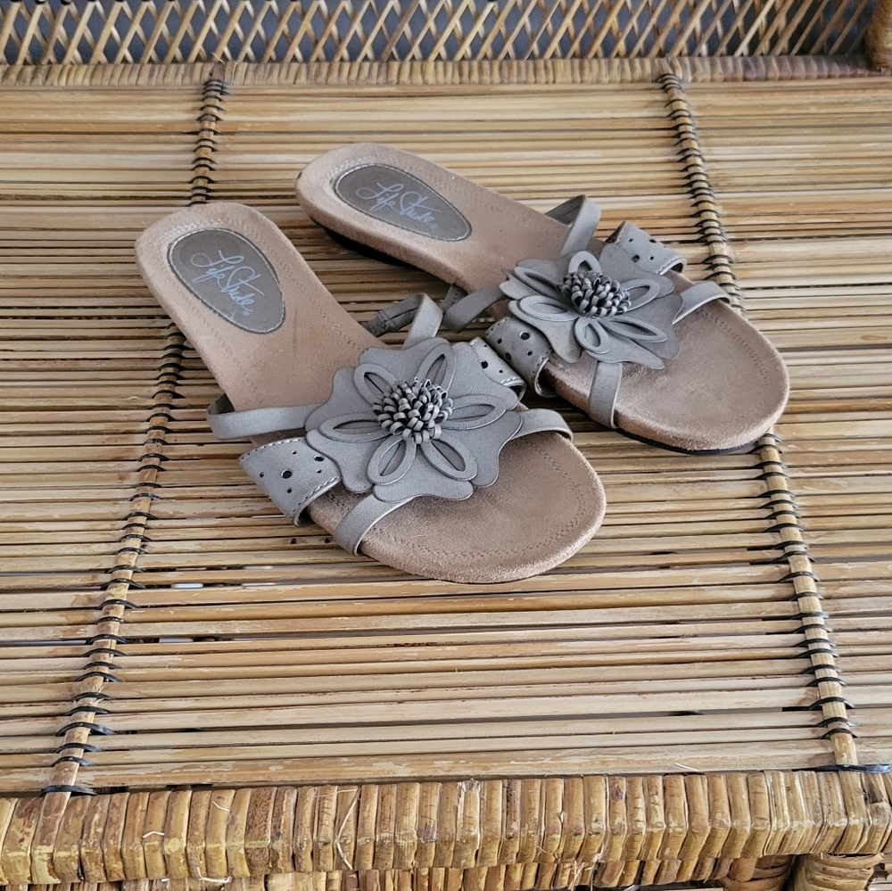 Flower Detail Slip On Sandals Taupe Leather